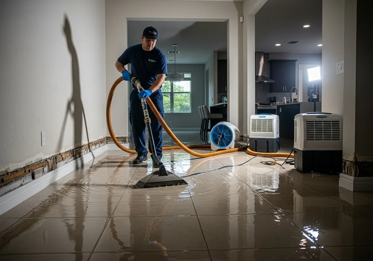 Technician extracting water from a residential tile floor