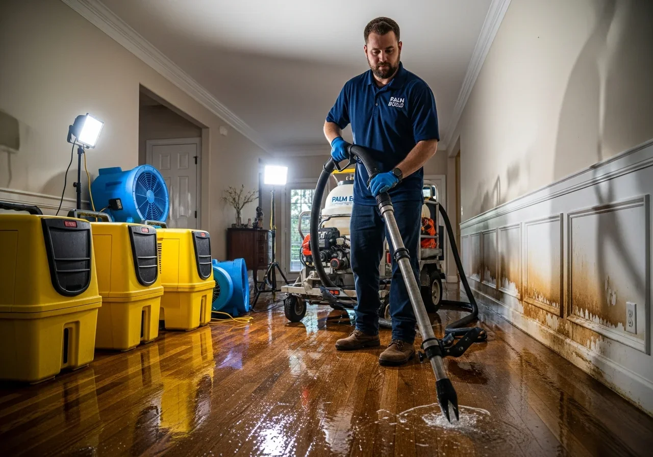 Technician extracting indoor water from a hardwood hallway
